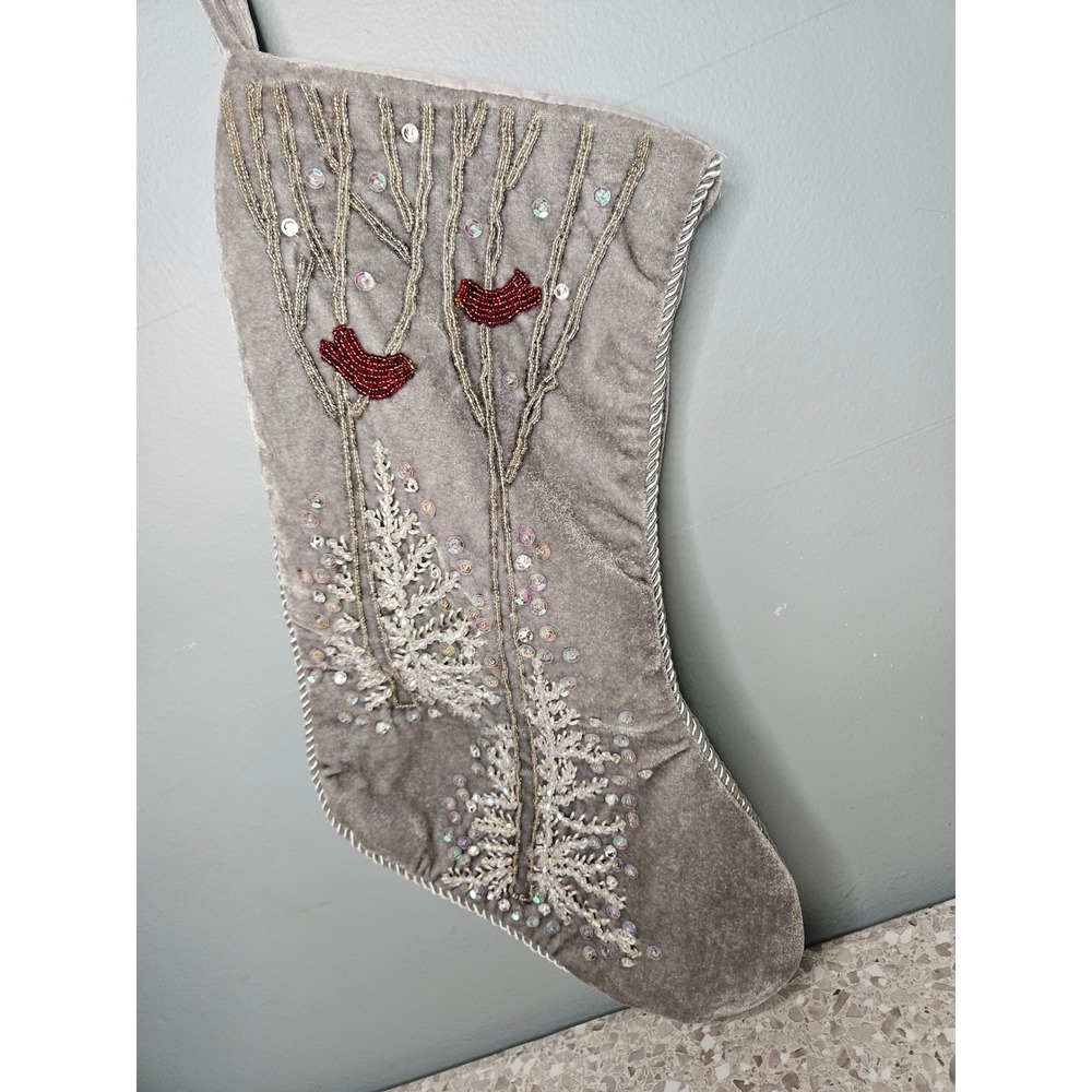 Unbranded Christmas Stocking Gray Velvet Beaded Red Birds Winter Trees Sequins